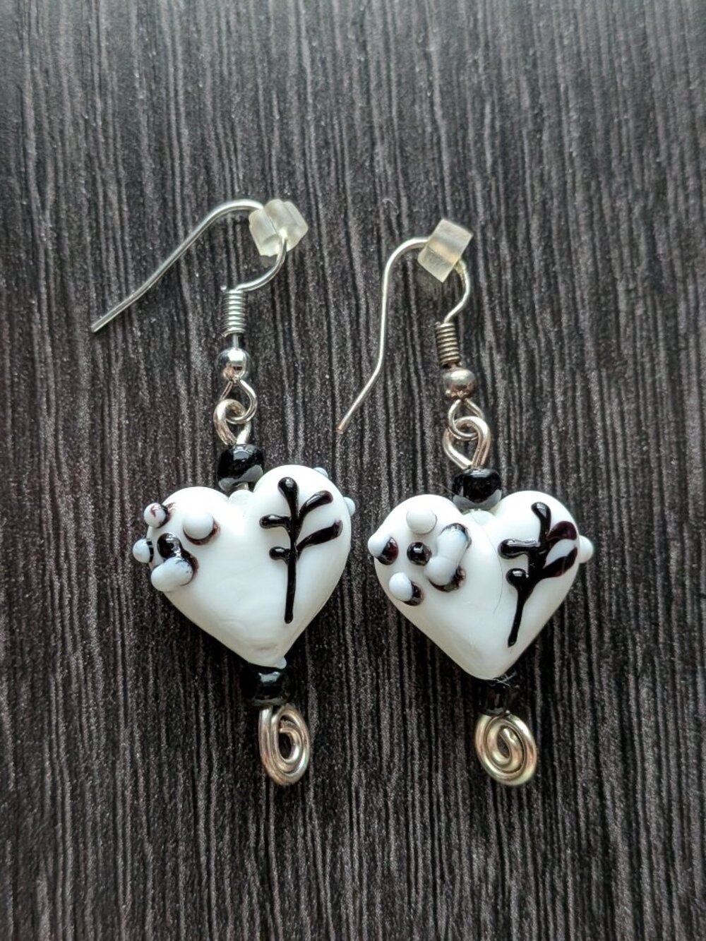 Artisan Lampwork Glass White Heart Floral Dangle Earrings